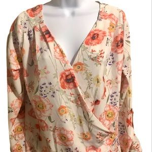 ModCloth floral long sleeve draped v-neck blouse.